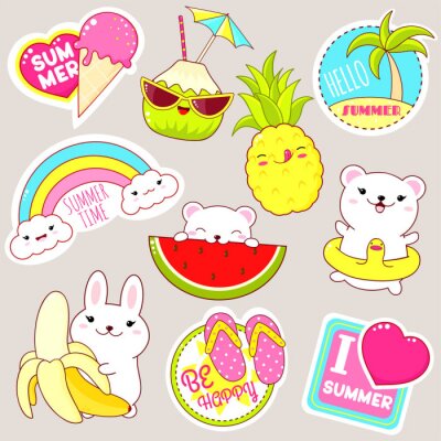 Bild Set of cute summer stickers in kawaii style