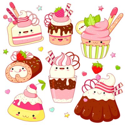 Set of cute sweet icons in kawaii style