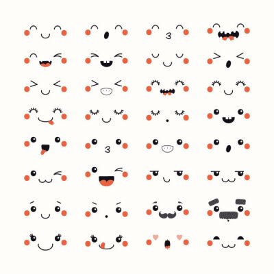 Bild Set of kawaii funny emoticons in Japanese anime, manga style . Isolated objects on white background. Hand drawn doodle vector illustration. Design concept for avatar, smiley, sticker.