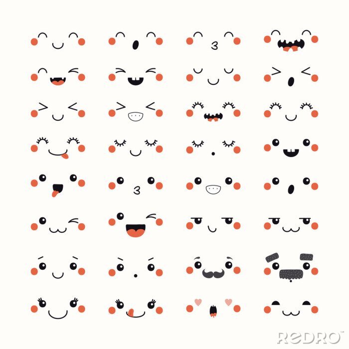 Bild Set of kawaii funny emoticons in Japanese anime, manga style . Isolated objects on white background. Hand drawn doodle vector illustration. Design concept for avatar, smiley, sticker.