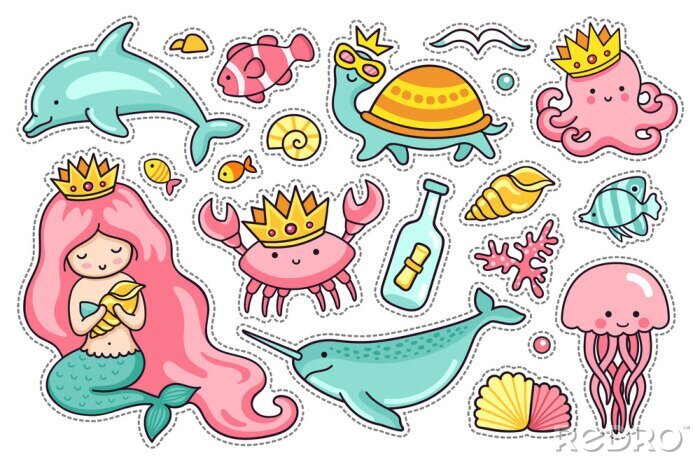 Bild Set of sea cartoon characters. Mermaid, narwhal, jellyfish, turtle and dolphin. Octopus, crab and seagull. Stickers, pins and badges