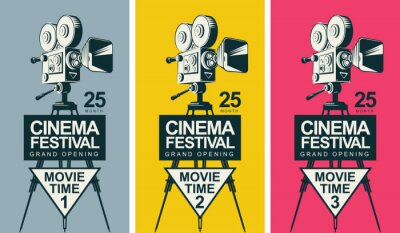 Bild Set of three vector posters for cinema festival with old fashioned movie camera on the tripod in retro style. Can be used for flyer, ticket, poster, web page. Movie time 1, movie time 2, movie time 3