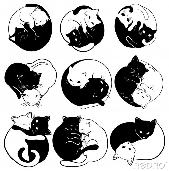 Bild Set of  yin yang cats. Collection of simple and cute black and white cats in the shape of yin yang. Vector illustration for the children. Tattoo.
