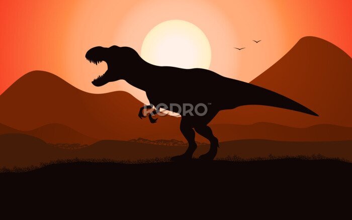 Bild Silhouette eines Tyrannosaurus vor dem Hintergrund des Sonnenuntergangs