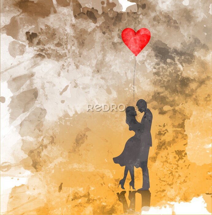 Bild Silhouetten eines verliebten Paares mit einem roten Herzen