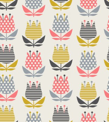 Skandinavische Retro-Blumen mit Tupfen und Streifen