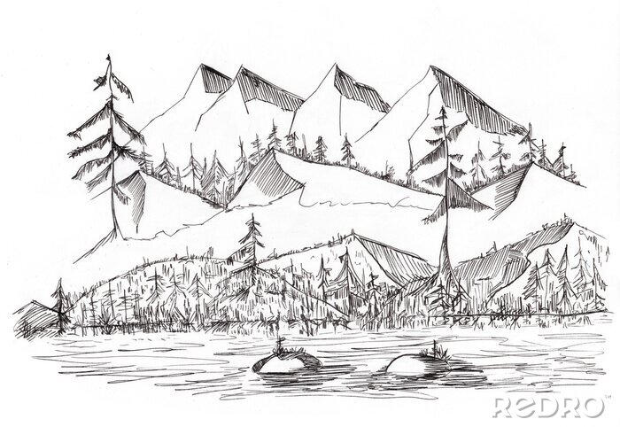Bild Sketch of wild Landscape with Mountains Hill and River, hand drawn illustration by Ink 