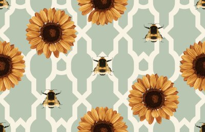 Sonnenblumen und Bienen auf abstraktem Hintergrund