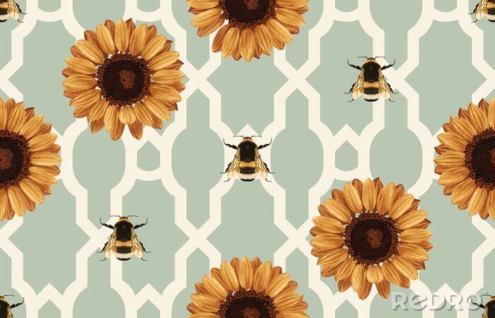 Bild Sonnenblumen und Bienen auf abstraktem Hintergrund