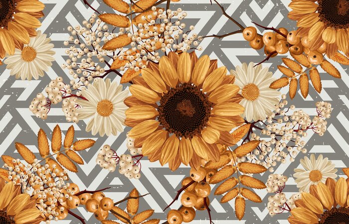 Bild Sonnenblumen und Vogelbeere vor dem Hintergrund der Streifen