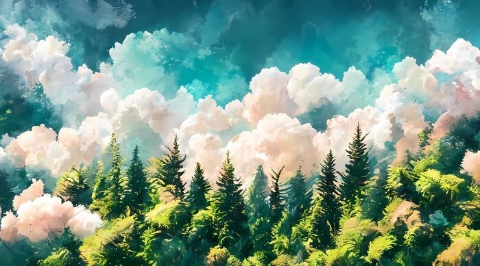 Bild Sonniger dichter Wald in Nebel gehüllt