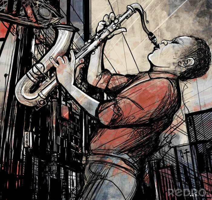 Bild Spielender Saxophonist Zeichnung in abgetönten Farben