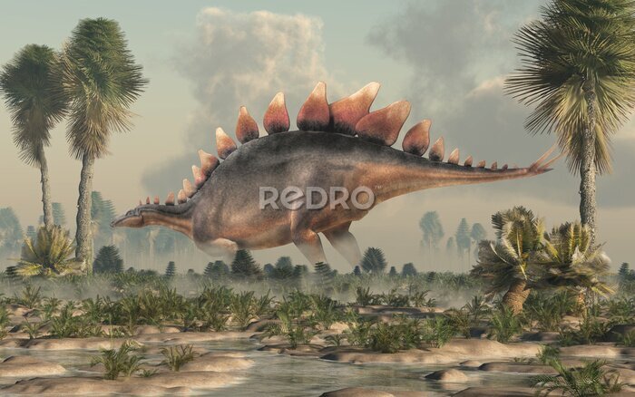 Bild Stegosaurus, was a thyreophoran dinosaur. An herbivore, it is one of the best known dinosaurs of the Jurassic period. Here, a grey and brown one is standing in profile in a wetland. 3D Rendering. 