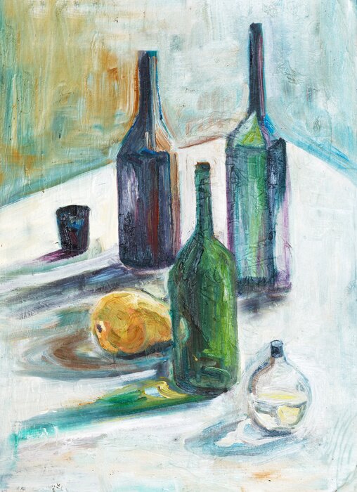 Bild Stillleben Birnenfrucht und Flaschen