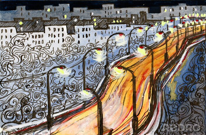 Bild Straße und Leuchttürme bei Nacht