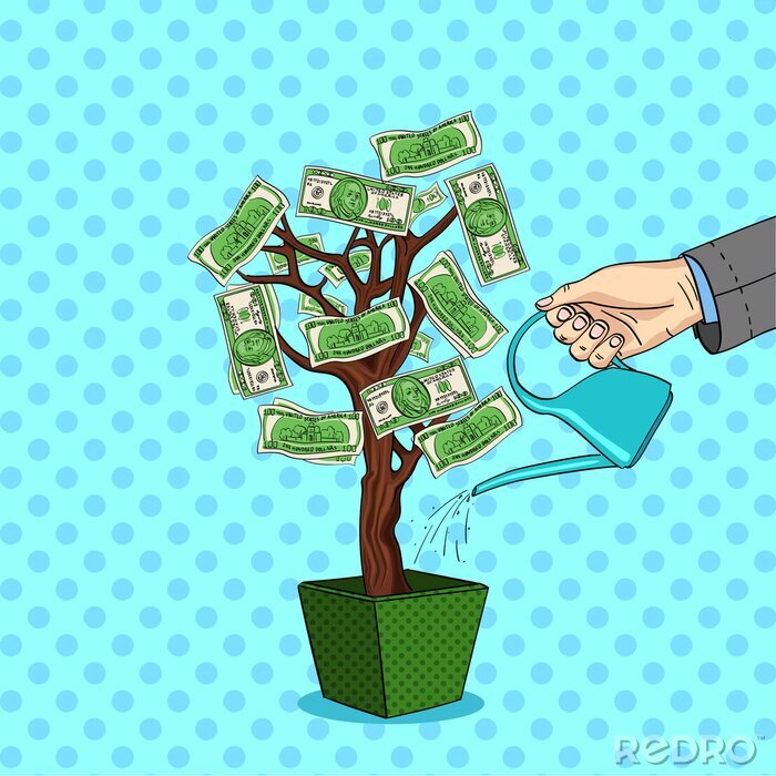 Bild Style comics raster pop art. A mans hand pours a money tree with green dollars. Watering can with water.