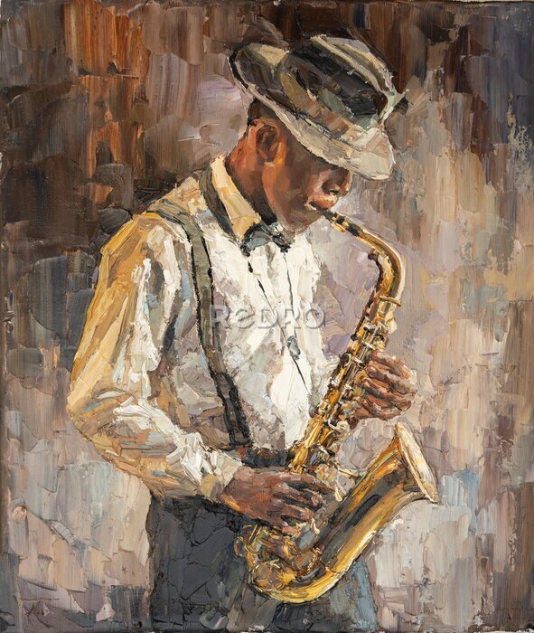 Bild Stylish jazz band playing music on the scene, background is brown. Palette knife technique of oil painting and brush. .The jazzman plays the sexophone.