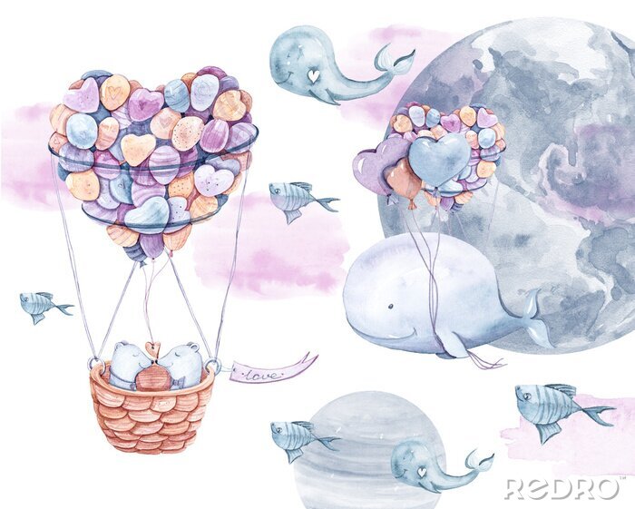 Bild Süßer Fuchs und Hase fliegen in einem Mondballon