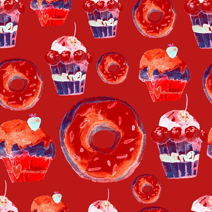 Bild Süßes nahtloses Muster mit Kuchen, Schaumgummiringen und Eiscreme. Appetitanregender Hintergrund für das Design von Menü, Einladungen, Seiten eines Kochbuchs. Wunderbarer Druck für Geschenkpapier, Sto