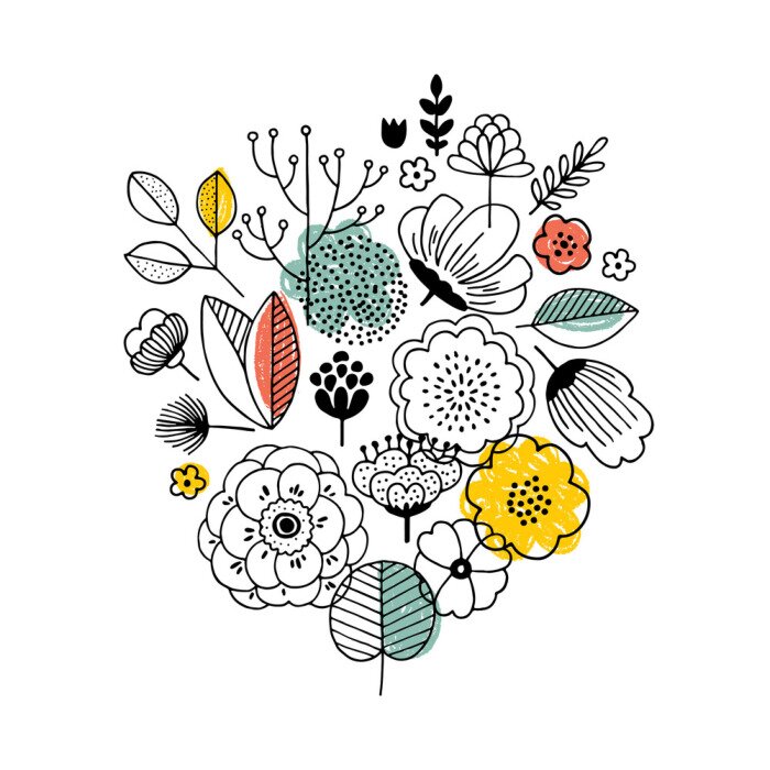 Bild Summer flower bouquet composition. Linear graphic. Florals background. Scandinavian style. Vector illustration
