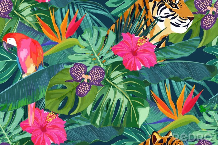 Bild Summer seamless pattern with tropical palm leaves, flowers, parrot and tiger. Jungle fashion print. Hawaiian background. Vector illustration