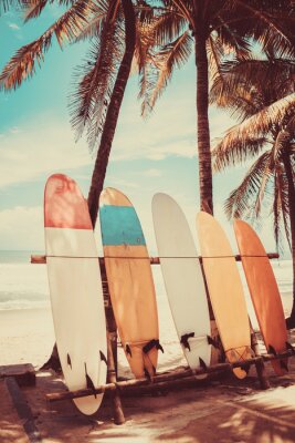 Surfbrett und Palmen auf dem Strand Hintergrund