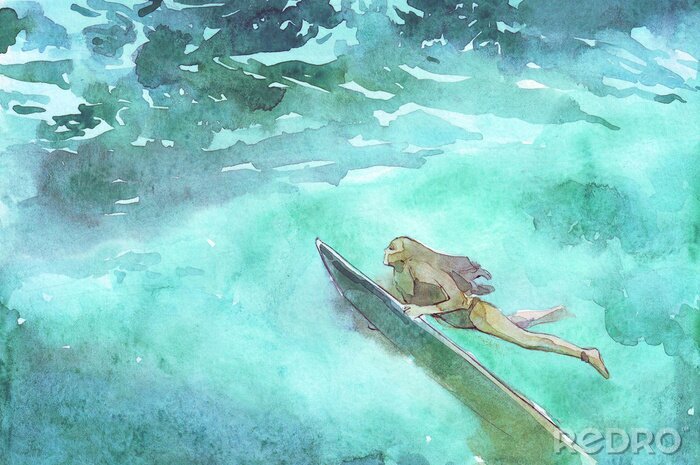Bild surfing girl underwater watercolor