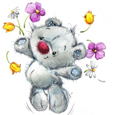Teddybär, der bunte Blumen verstreut