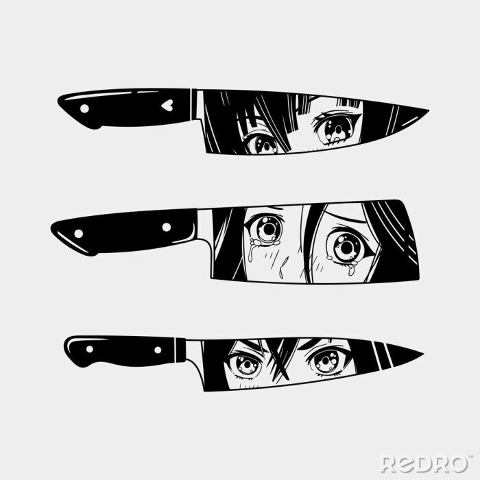 Bild Three various Knives. Blades with Manga anime Eyes. Abstract Hand drawn Vector trendy illustration. Cool simple design. Minimalistic style. Tattoo or print idea. Every knife is isolated
