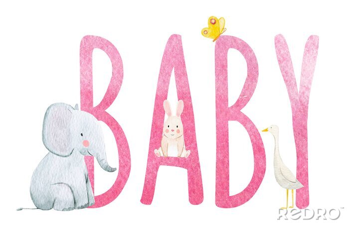 Bild Tiere, die auf einem rosa &quot;Baby&quot;-Schild sitzen