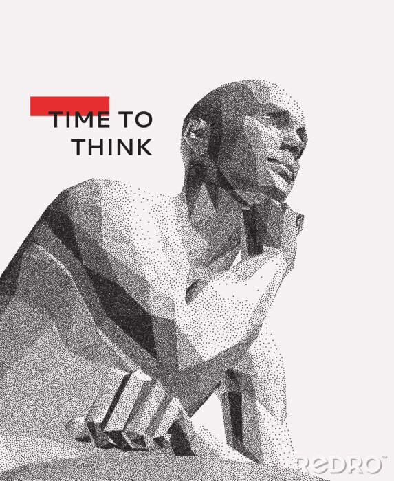 Bild Time to think. A man with his hand on his chin as though he was thinking. Artificial intelligence concept. Searching for answers. Your personal assistent. 3D vector illustration.