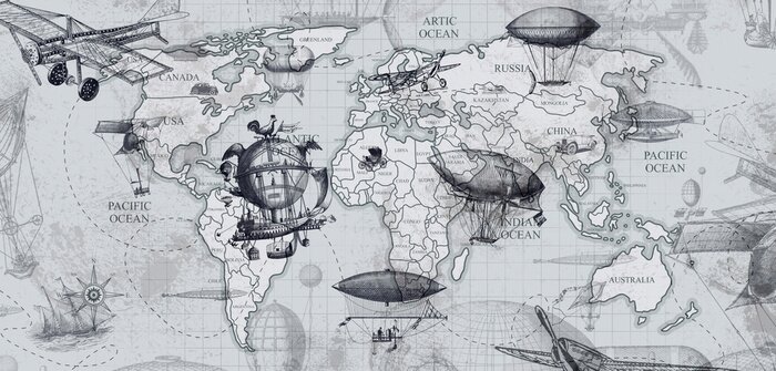 Bild travel across the globe, balloons, aircraft, cars, ships photo wallpapers on the wall