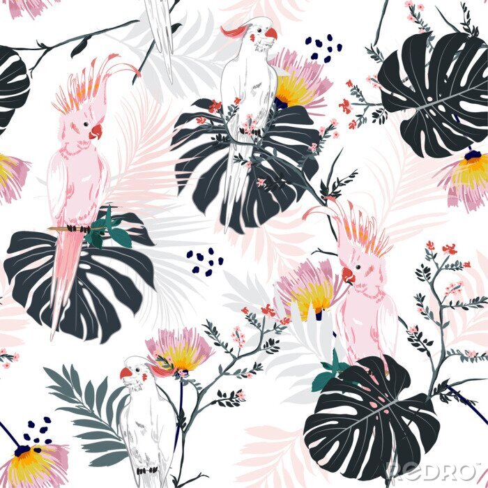 Bild Trendy Sommer tropischer Blumendruck. Papageienvogel im Dschungel und Blumen im exotischen Wald allover Design, nahtloser Mustervektor für Mode, wallpaoer und alle Drucke
