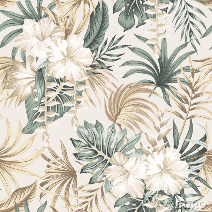 Bild Tropical floral foliage palm leaves, hibiscus flower seamless pattern beige background. Exotic jungle wallpaper.