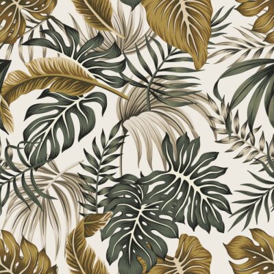 Tropical floral vintage foliage palm leaves seamless pattern grey background. Exotic jungle wallpaper.