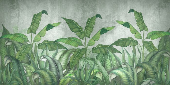 Bild Tropical leaves on a gray background. Photo wallpaper with leaves. Fresco for the interior. Wall decor in grunge style. Painted green leaves. Photo wallpapers 3d.