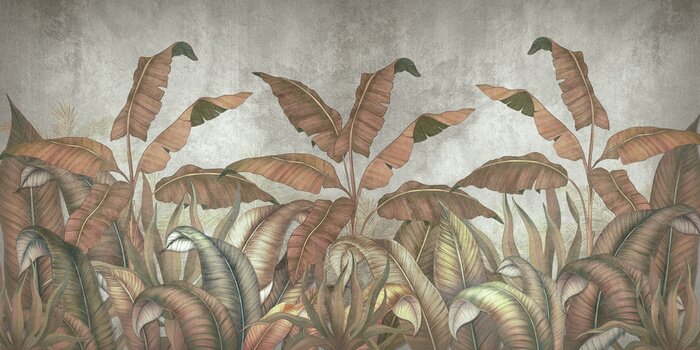 Bild Tropical leaves on a gray background. Photo wallpaper with leaves. Fresco for the interior. Wall decor in grunge style. Painted leaves. Photo wallpapers 3d.