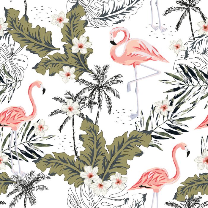 Bild Tropical pink flamingo birds, plumeria flowers, palm leaves, trees white background. Vector seamless pattern. Graphic illustration. Exotic jungle plants. Summer beach floral design. Paradise nature