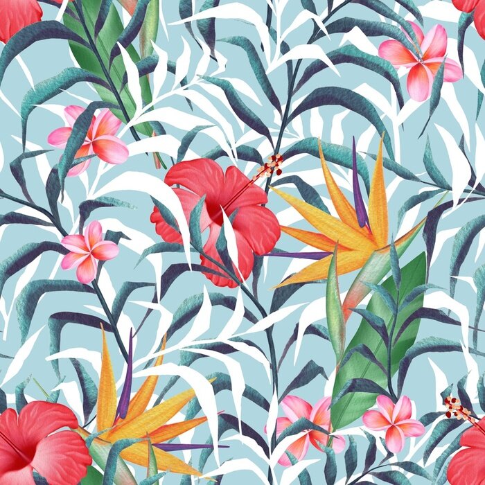 Bild Tropical plants. Flowers and leaves. Seamless floral pattern wimn watercolor style