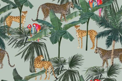 Tropical seamless pattern with palm trees, parrots and leopards. Summer jungle background. Vintage vector illustration. Rainforest landscape