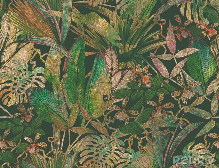 Bild Tropical seamless pattern with tropical flowers, banana leaves.