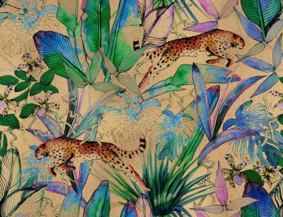 Bild Tropical seamless pattern with tropical flowers, banana leaves and panther, leopard, cougar, wildcat