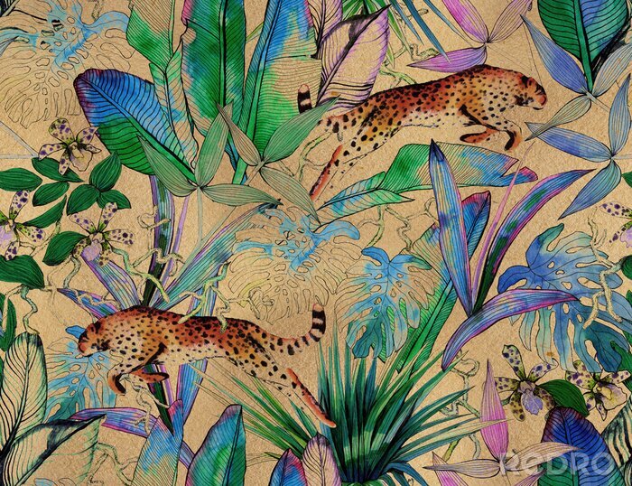 Bild Tropical seamless pattern with tropical flowers, banana leaves and panther, leopard, cougar, wildcat