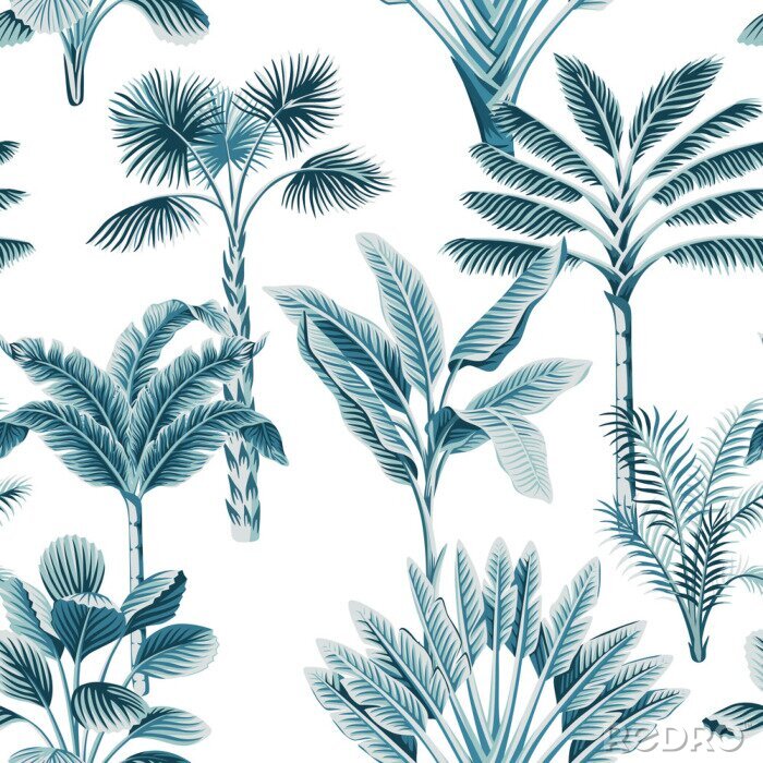 Bild Tropical vintage blue palm trees, banana tree floral seamless pattern white background. Exotic jungle wallpaper.