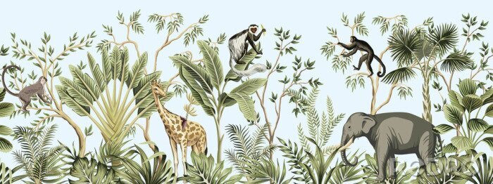 Bild Tropical vintage botanical landscape, palm tree, banana tree, plant, palm leaves, giraffe, monkey, elephant floral seamless border blue background. Jungle animal wallpaper.