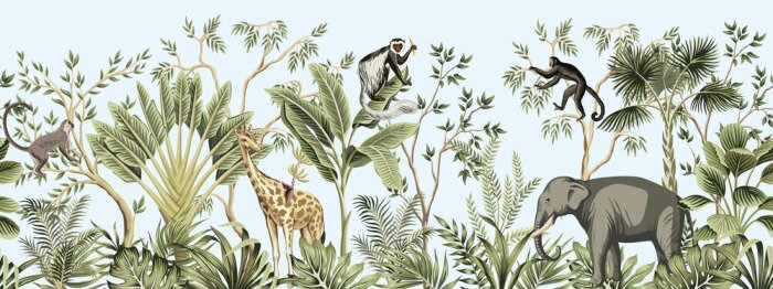 Bild Tropical vintage botanical landscape, palm tree, banana tree, plant, palm leaves, giraffe, monkey, elephant floral seamless border blue background. Jungle animal wallpaper.