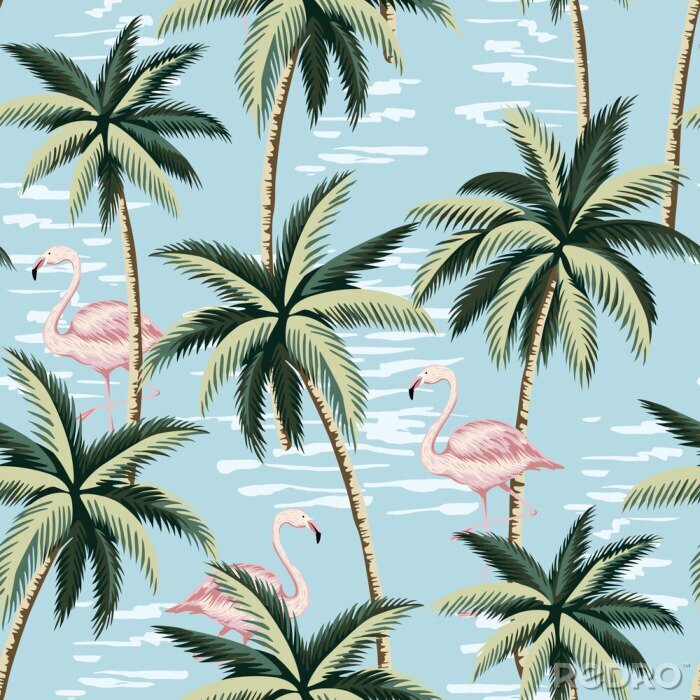 Bild Tropical vintage pink flamingo and palm trees floral seamless pattern blue background. Exotic jungle wallpaper.