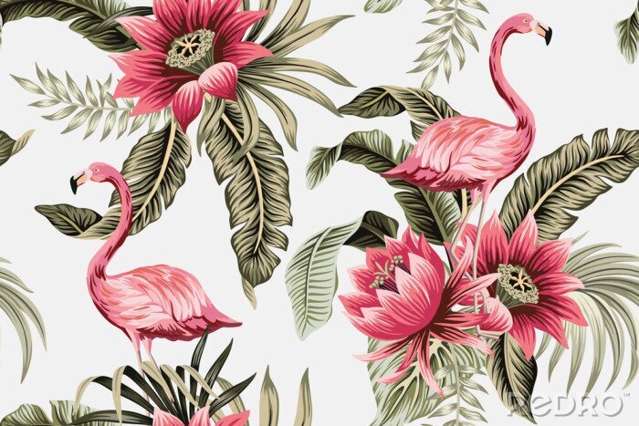 Bild Tropical vintage pink flamingo, pink hibiscus, palm leaves floral seamless pattern grey background. Exotic jungle wallpaper.