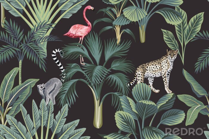 Bild Tropical vintage wild animals, flamingo, palm trees, banana tree floral seamless pattern dark background. Exotic botanical jungle wallpaper.