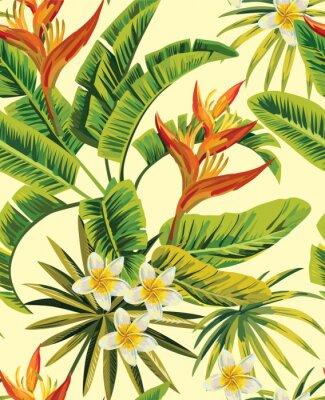 Tropische Blätter und exotische Blumen